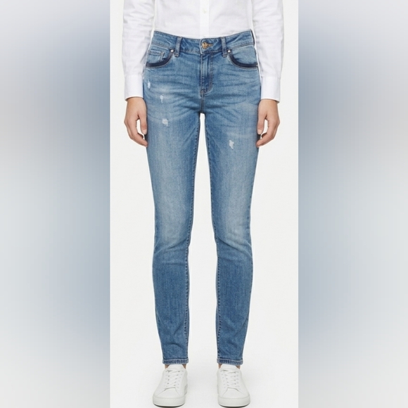 White House Black Market Denim - WHBM Light Blue Women's Slim Jeans With Faux Leather Trim Size 00